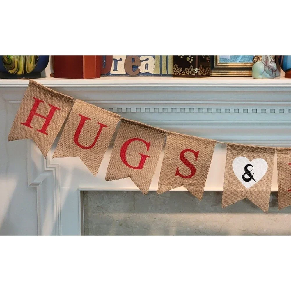 Hugs and Kisses Burlap Banner Valentine's Day Engagement Wedding Reception NEW
